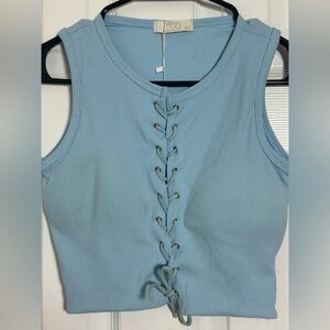 Blue Ribbed Tie Front Crop Top